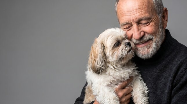Loving elderly man smiling while hugging his fluffy shih tzu dog against a gray studio background.