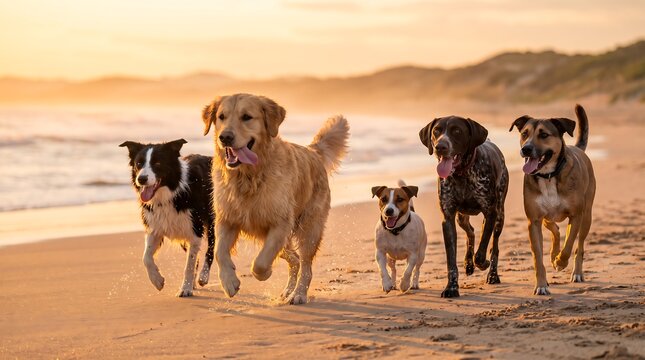 Pack of happy dogs running freely along the ocean shore on a sandy beach at sunset.