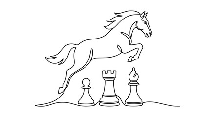 Continuous line drawing of a chess knight horse jumping over chess pieces, strategy concept © Cici