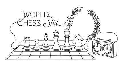 World Chess Day Celebration: Line Art of Chessboard, Pieces, Clock, and Laurel Wreath © Cici