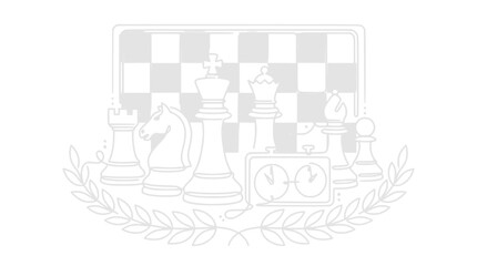 Chess Game Strategy Concept - King, Queen, Rook, Knight, Bishop, Pawn Pieces, Clock, Board © Cici
