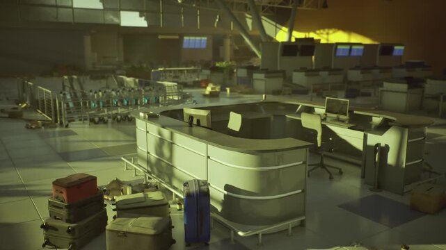 Lonely checkin island with stacked suitcases and empty chairs, ambient yellow lighting, glossy counters, tidied luggage piles, quiet postpeak terminal