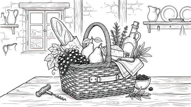 Vintage hand drawn picnic basket vector illustration, rustic kitchen still life with bread and wine, engraved food hamper sketch for menu design