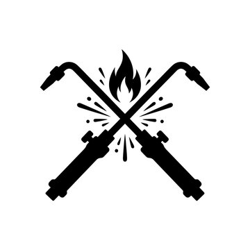 Black and white icon of crossed welding torches with a flame symbol Vector, illustration