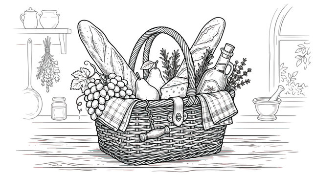 Vintage picnic basket line art, wicker hamper with baguette and wine, rustic kitchen still life vector illustration, hand drawn food basket