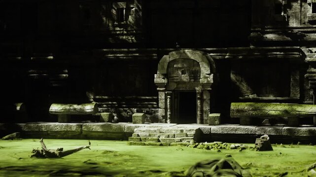Moss framed arched doorway opens onto dark interior, carved lintel above sunlit steps, scattered leaves mark threshold, narrow corridor leads into shadow,