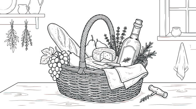Rustic picnic basket line art, wicker hamper with wine and cheese illustration, hand drawn french country food basket vector for coloring book