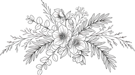 Elegant hand drawn floral bouquet vector, minimalist line art flower arrangement with eucalyptus leaves, botanical wedding invitation illustration © Rafay