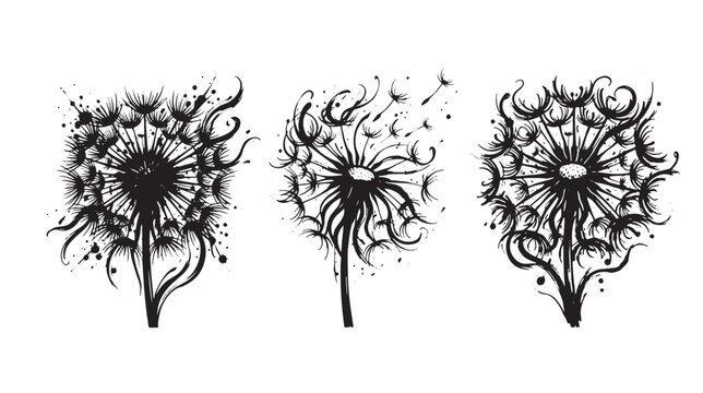 A set of three dandelion flower with a stylized, artistic ink wash effect, showcasing seeds and intricate petal details on a graffiti white background