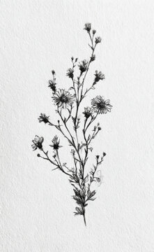 Detailed hand drawn botanical illustration of wild aster flowers.