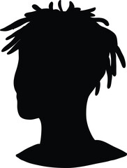 Solid black silhouette vector illustration featuring the side profile portrait of a person's head with short, messy, textured spiked hair or mini dreadlocks, isolated on a pure white background © amodha