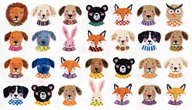 Cute Watercolor Animal Faces Pattern with Hand-Drawn Cartoon Dogs, Foxes, Bears, and Rabbits