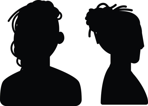 Solid black silhouettes featuring front and side profile view avatars of a man with modern dreadlocks and a top knot bun hairstyle