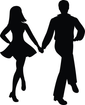 Solid black silhouettes of a young happy couple dancing hand in hand in a lively retro swing pose, isolated on a pure white background