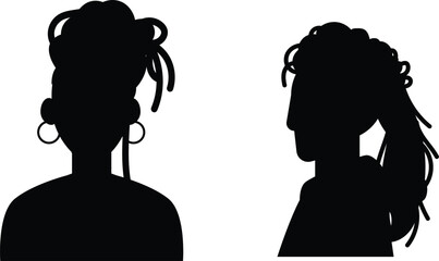 Solid black silhouettes featuring front and side profile view avatars of a person with stylish dreadlocks tied back, wearing hoop earrings, isolated on a pure white background. © amodha
