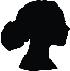 Solid black silhouette vector illustration featuring the side profile portrait of a woman's head with her hair styled in a low elegant bun, isolated on a pure white background. © amodha