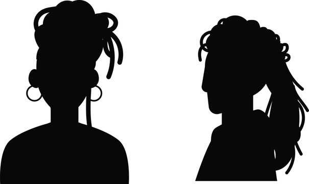 Solid black silhouettes featuring front and side profile view avatars of a person with stylish dreadlocks tied back, wearing hoop earrings, isolated on a pure white background.