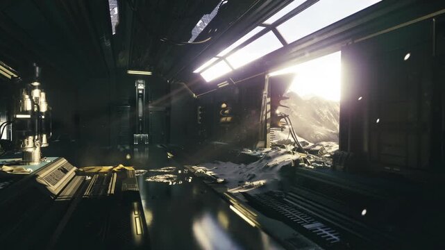Contrasting tunnel interior with reflective floor, deep shadows punctuated by overhead panels, distant light source creating moody cinematic atmosphere