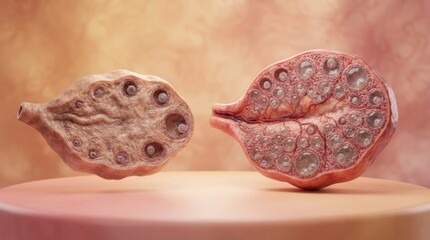 Fototapeta premium This 3D render shows two human ovary follicles side by side, demonstrating the structure and comparison of egg cells in the reproductive system.