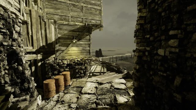 Sunlit harbor walkway with stacked barrels and paved flagstone path leading toward open sea, warm golden light casting long shadows, weathered stone walls