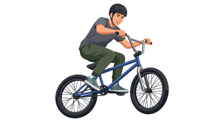 Obraz premium Male cyclist performing tricks on blue BMX bike wearing safety helmet isolated on white background