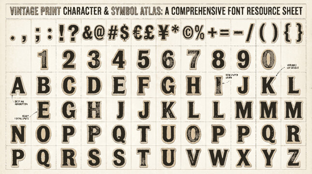 Vintage textured typography character atlas featuring distressed lettering and symbols on a gridded off white paper background