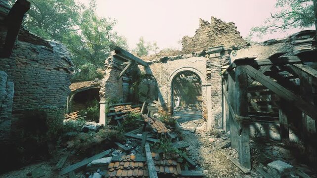 Sunlit crumbled arch framed by rubble, historian inspects carved fragments and collapsing beams, wildflowers sprout through debris, warm tones suggest recovery