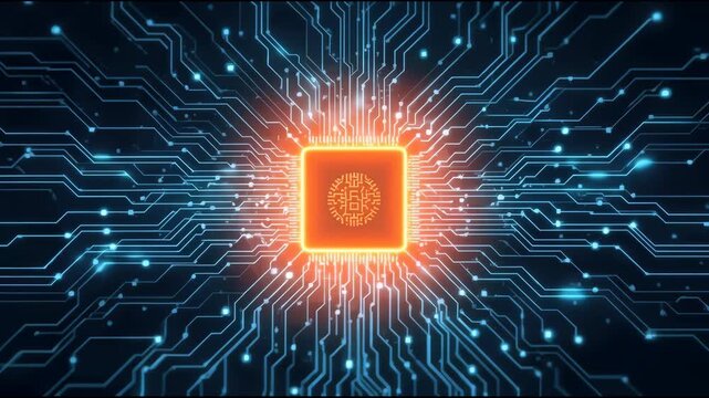 Glowing microchip circuitry and data flow, futuristic technology radiating dynamic energy