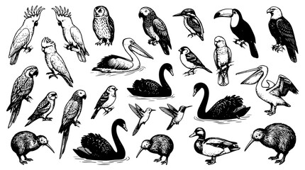 Obraz premium Black and white illustration of various birds on white background