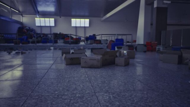 Cargo parcels staged on tiled floor near terminal, crates and boxes arranged for sorting, industrial lighting and sparse surroundings imply active logistics