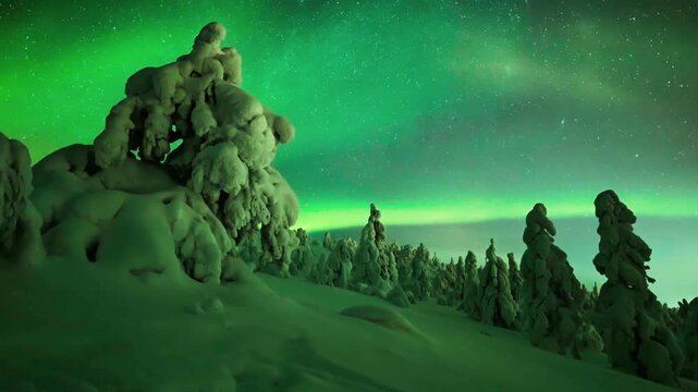 A captivating, high-resolution timelapse showcasing the swirling emerald ribbons of the Northern Lights against a crisp, starlit Arctic sky.