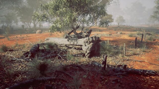 Storm scarred scrubland with weathered log and red clay soil, ecologist mapping erosion patterns, scattered debris, overcast mood, resilient grasses and rugged