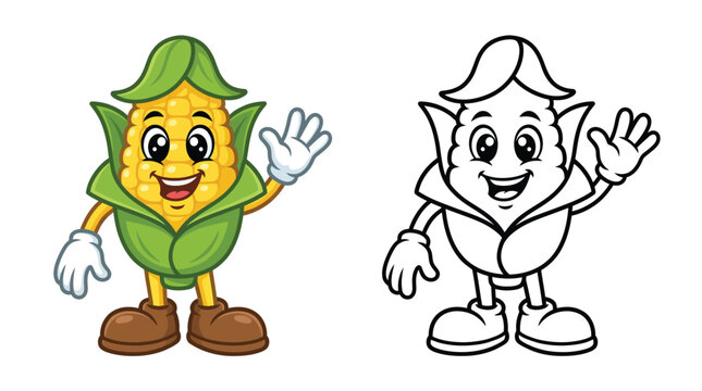 Cute Corn Vegetable Character Coloring Page for Kids, Waving Maize Mascot Outline Illustration