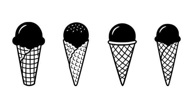 Four black and white vector ice cream cones illustration design