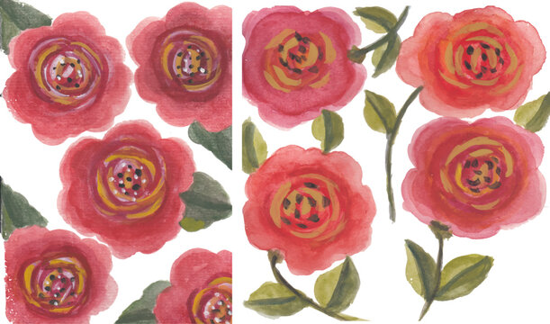 Red roses hand drawn watercolor art