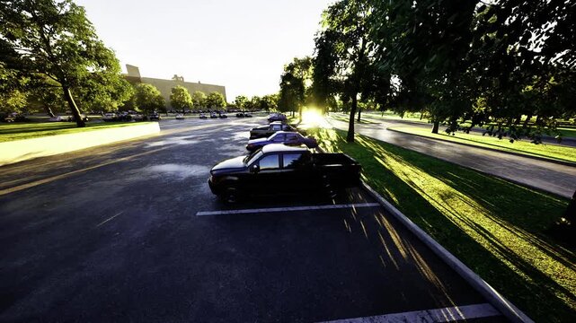 Sunlit black sedan parked near trees, long shadows stretching across wet asphalt, distant lowrise buildings illuminated by warm morning light, reflective hood