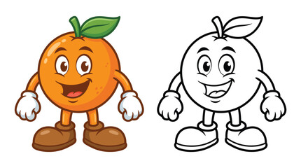 Fototapeta premium Cute Orange Fruit Mascot Illustration, Coloring Page and Color Version for Children Activities