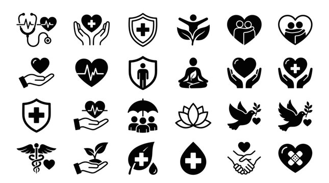 Medical, healthcare icons set, 25 black symbols, health care signs, wellness logos, medicine marks isolated on White Background