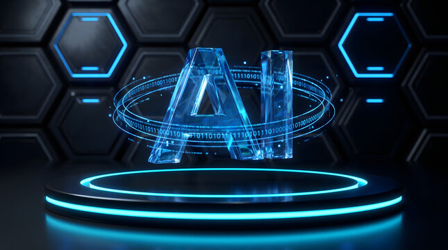 Futuristic AI artificial intelligence symbol glowing on a neon podium inside a dark sci-fi background with blue hexagonal patterns