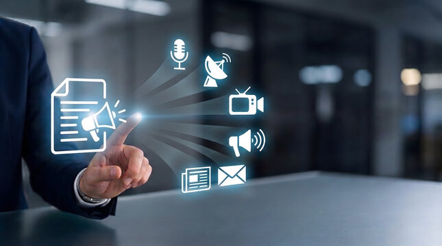 PR manager managing holographic public relations dashboard for communication and media strategy