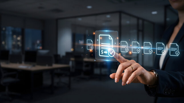 Procurement manager selecting digital procurement dashboard for purchasing and invoice management processes