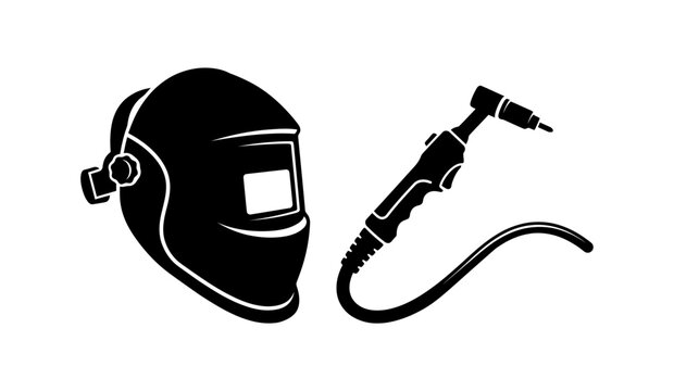 Black silhouette icon of a welding mask and a tig welding torch tool Vector, illustration