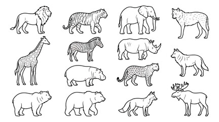 Minimalist wild animal line art icons, 16 safari and forest wildlife vectors, black outline set © usmi