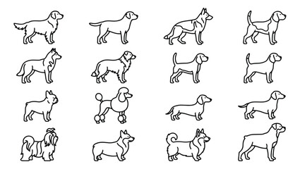 Minimalist dog breed line icons, set of 16 canine vector silhouettes, modern pet shop graphics © usmi