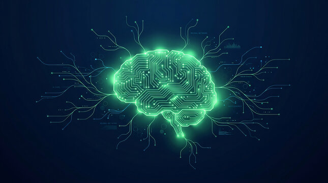 Glowing green digital brain circuit board vector illustrating artificial intelligence, neural network, cybernetics, and big data technology