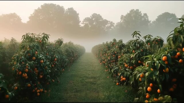 Misty orchard path through rows of fruit trees with orange fruit in warm morning light