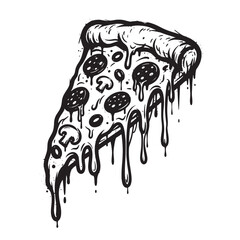 Fototapeta premium Graffiti black and white of a single slice of pepperoni and mushroom pizza with melted cheese dripping down, isolated on a white background, style