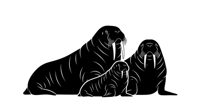Striking walrus family silhouette, depicting adult marine mammals with their young calf in a unified black shape, symbolizing arctic wildlife on a pure white background