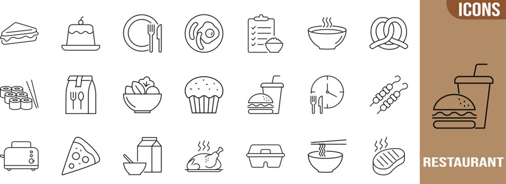 Restaurant and takeaway food icons. pizza icon set, hamburger icon set, sushi icon set