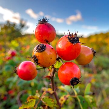 Vibrant red rosehip berries cluster on a thorny stem outdoors